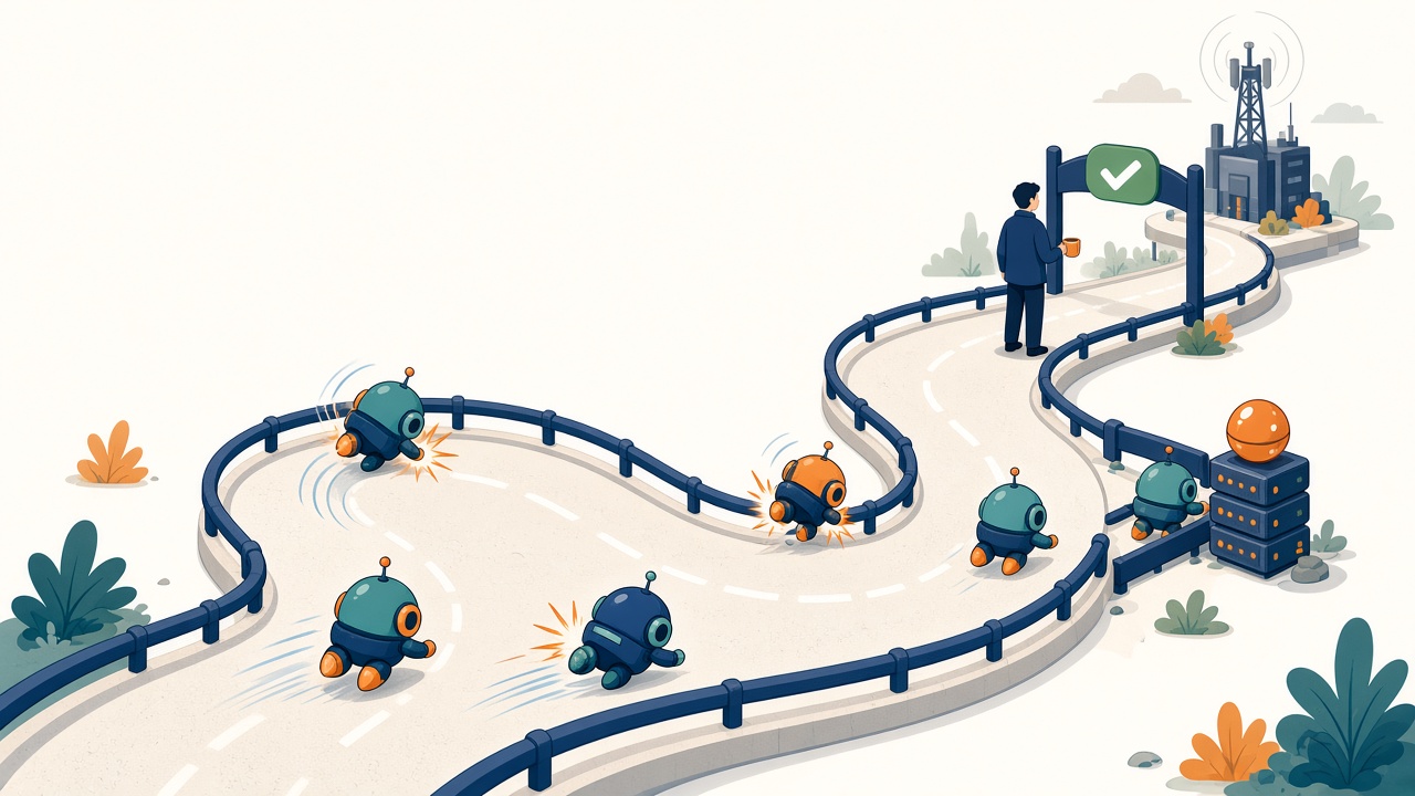 Small robot agents racing along a track, kept on course by guardrails, towards a human approval gate